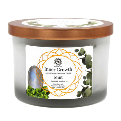 Organic Aromatherapy Moonstone, Mint And Eucalyptus Wooden Wick Candle.