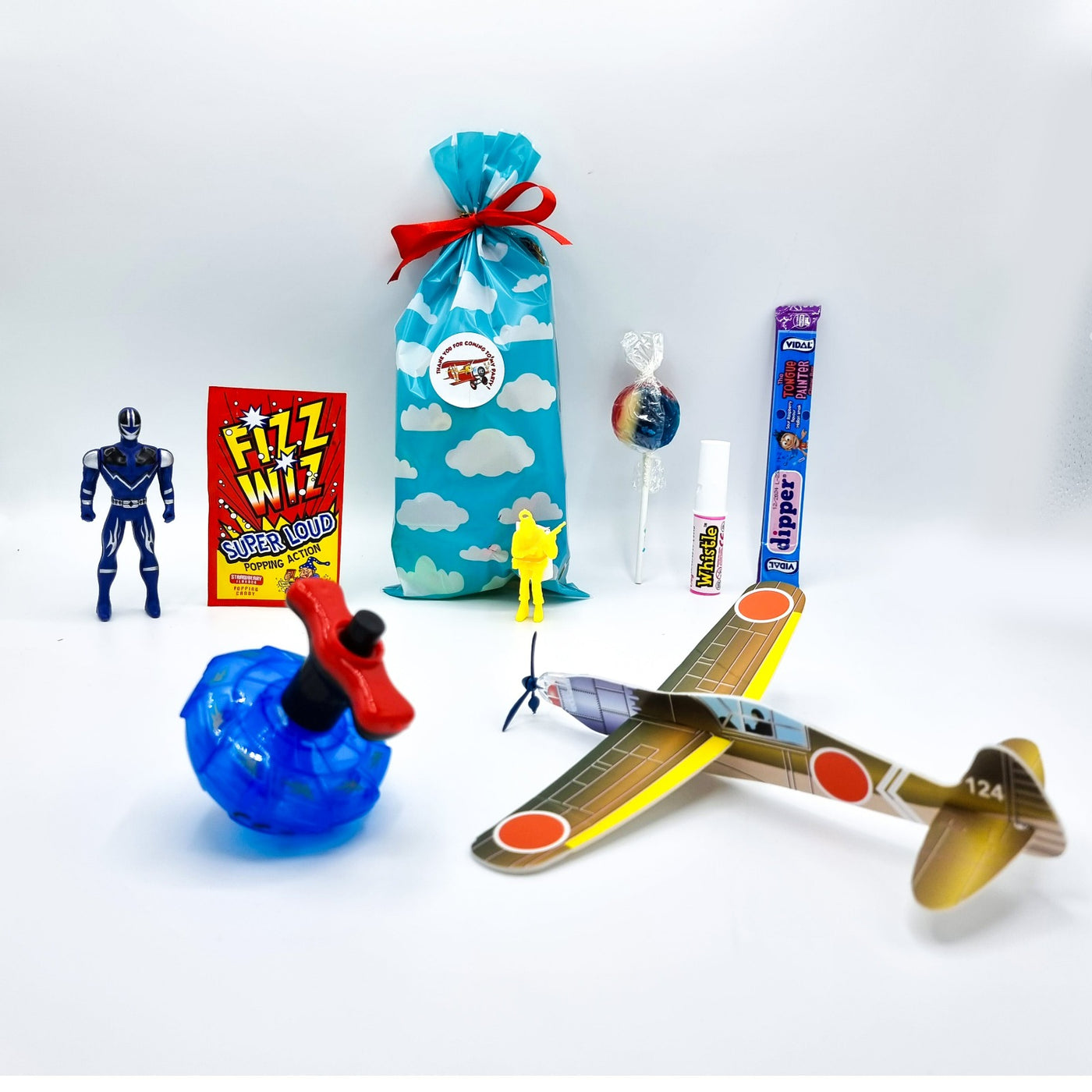 Ready Made Birthday Party Goody Bags For Boys With War Plane Pilot Toys And Candy.