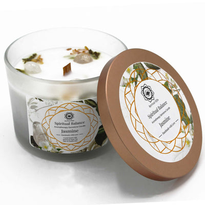 Organic Aromatherapy Fragranced Crystal Quartz Gemstone Jasmine And Green Tee Wooden Wick Candle.