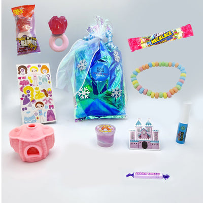 Winter Princess Castle Birthday Goody Bags With Toys And Sweets For Girls.