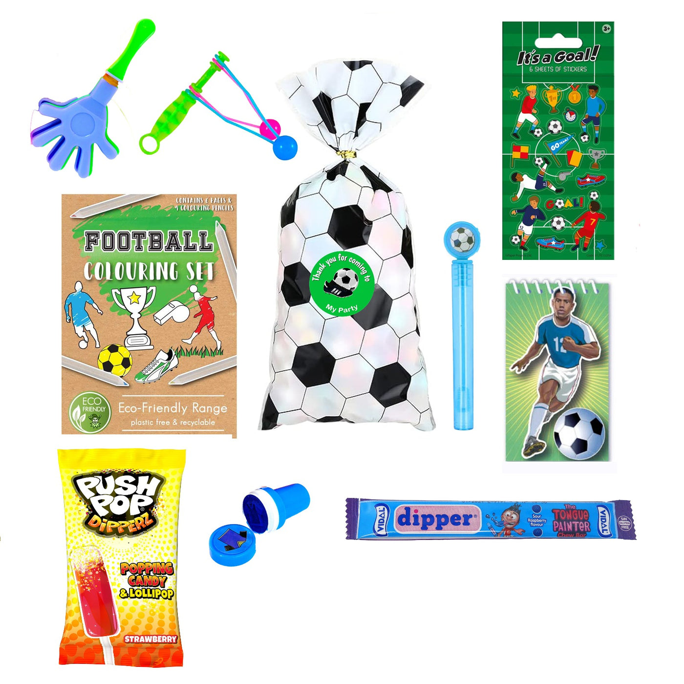 Unisex Pre Filled Kids Black And White Birthday Football Party Goody Bags With Toys And Sweets.