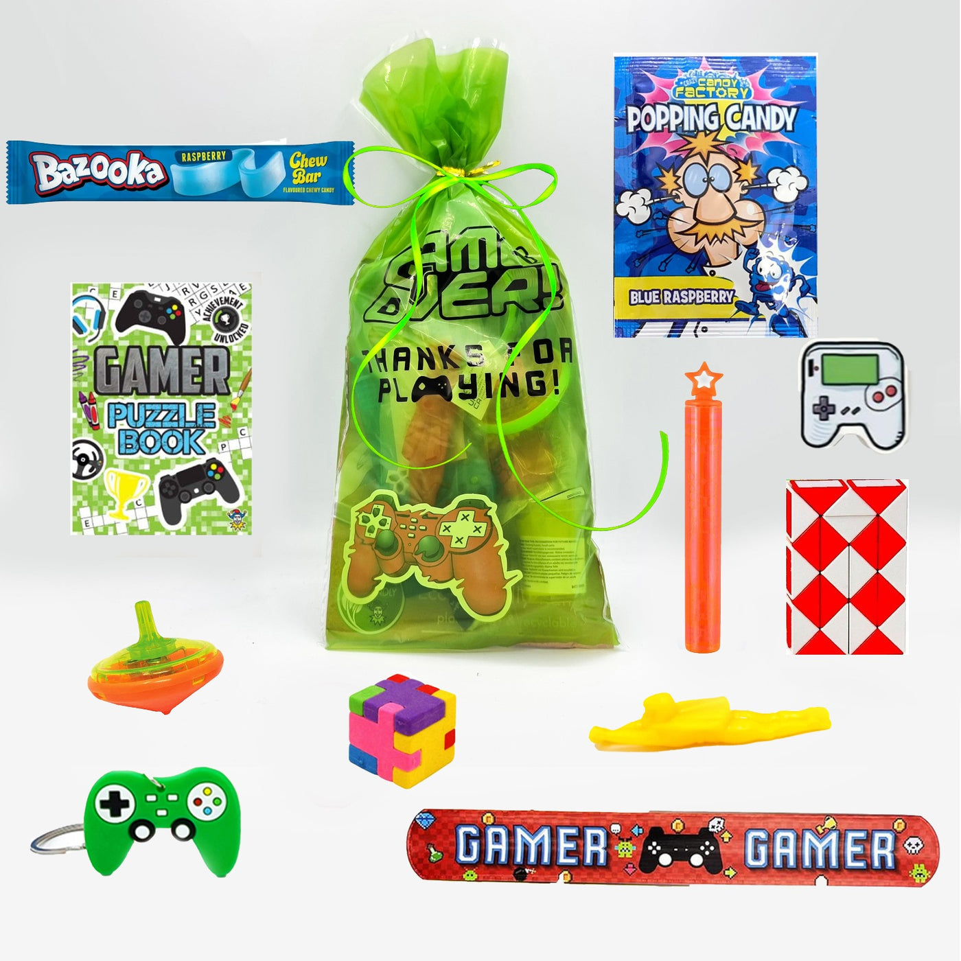 Pre Filled Green Gamer Birthday Party Goody Bags With TRoys And Sweets. Party Favours For Boys And Girls.
