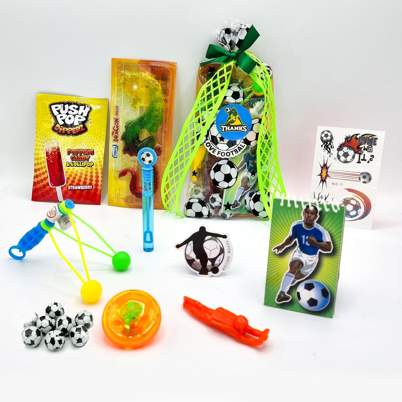 Football Dragons Birthday Party Favours With Toys And Sweets for Boys And Girls. 