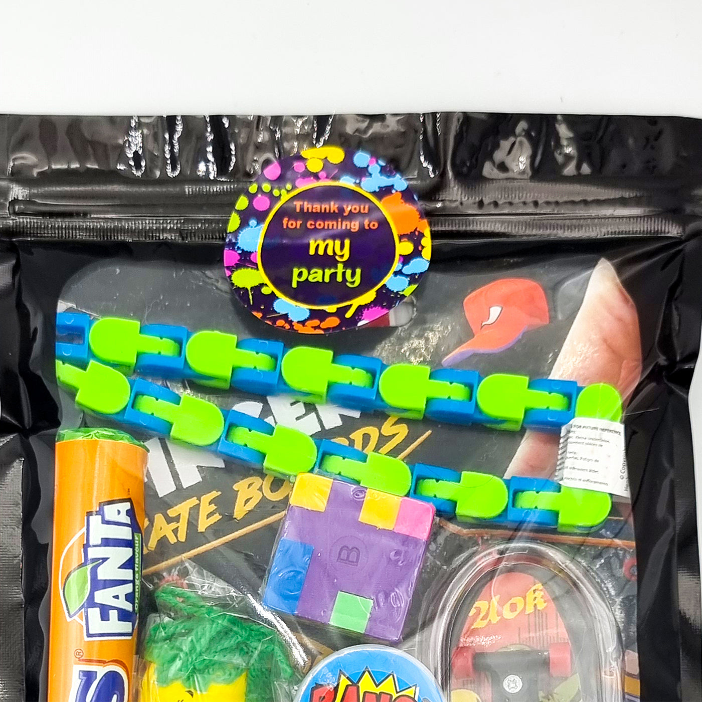 Older Boys Pre Filled Birthday Skateboarding Goody Bags, Party Favours With Toys And Vegan Sweets.