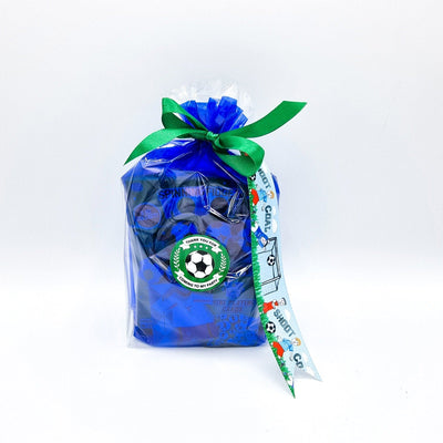 Pre-filled Blue Football Party Bags For Children. Party Favours With Football Sweets And Toys.