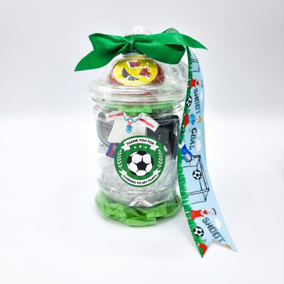 Pre-filled Children's Party Football Goody Bags In Mini Vintage Jars With Sweets And Toys, Party Favours.