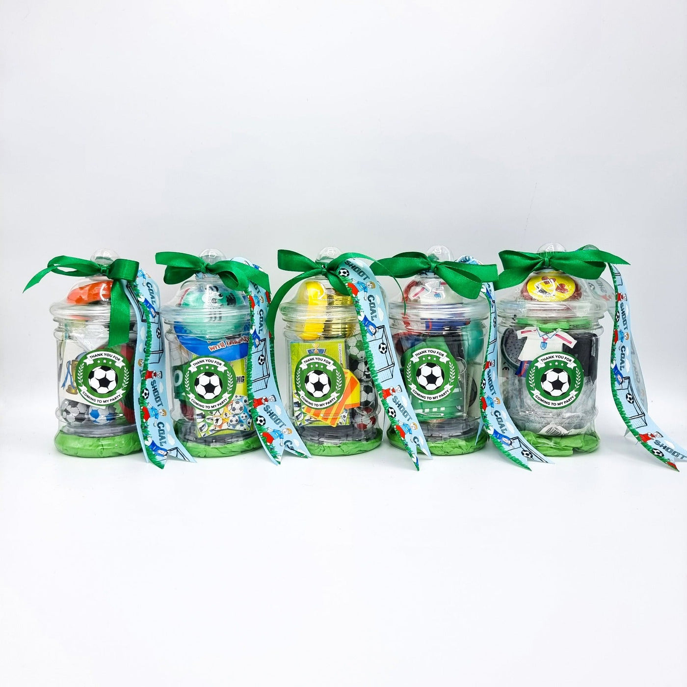 Pre-filled Children's Party Football Goody Bags In Mini Vintage Jars With Sweets And Toys, Party Favours.