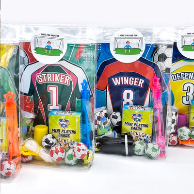 Children's Football Shirts Design Pre Filled Football Party Bags, Party Favours With Toys, Football Trophy And Sweets.