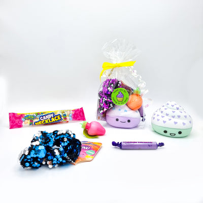 Children Pre Filled Cupcake Goody Bags Party Favours With Toys, Sequin Hair Scrunchie And Sweets.