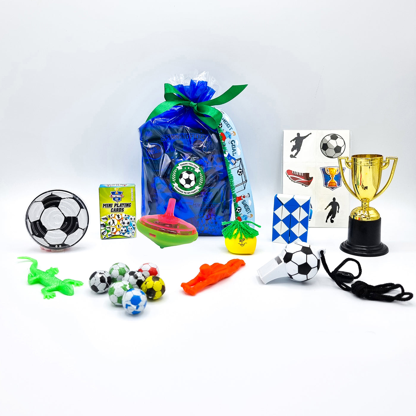 Pre-filled Blue Football Party Bags For Children. Party Favours With Sweets And Toys.