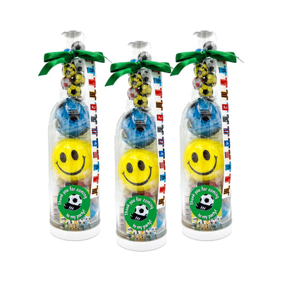 Pre Filled Football Birthday Party Goody Bags In Large Plastic Bottles For Boys And Girls With Novelty Toys And Sweets.