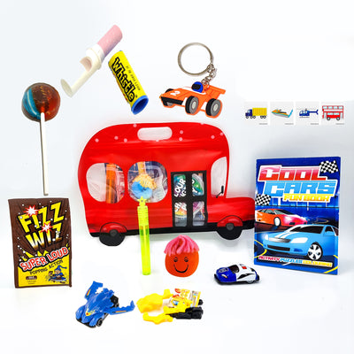 Children's Pre Filled Red Bus Cars Party Goody Bags With Toys And Sweets. Boys Party Favours.