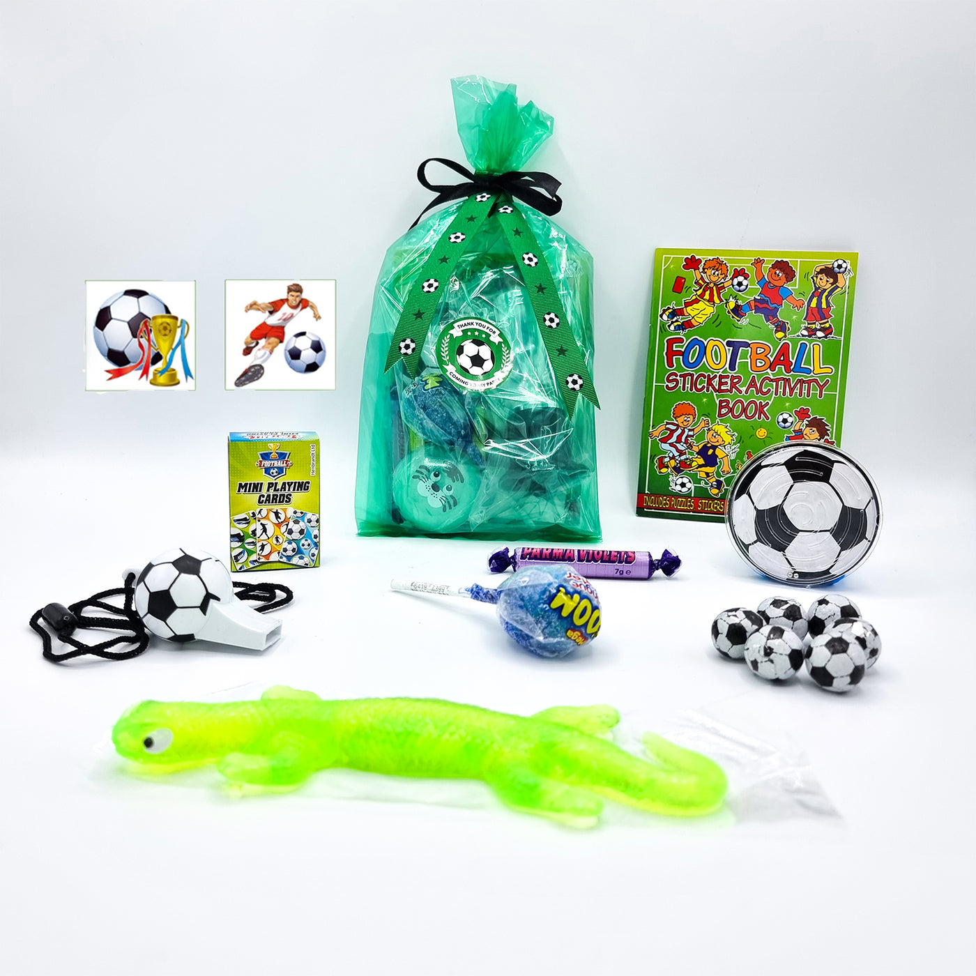 Pre Filled Green Football Birthday Party Favours Goody Bags With Football Toys And Candy.
