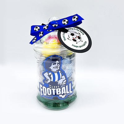 Pre-filled Children's Party Football Goody Bags In Vintage Jars With Fridge Magnet, Toys, Sweets For Boys And Girls.