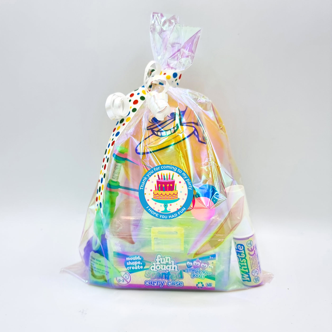 Pre Filled Scented Tutti Fruity Cake Birthday Party Favours Goody Bags With Toys And Sweets And Polka Dot Ribbon