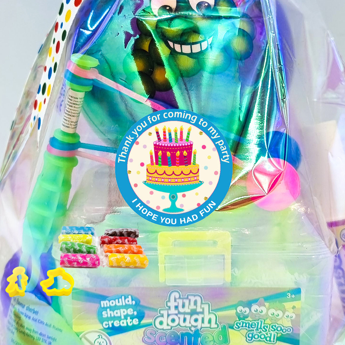 Pre Filled Fragranced Tutti Fruity Cake Birthday Party Favours Goody Bags With Toys And Sweets And Polka Dot Ribbon