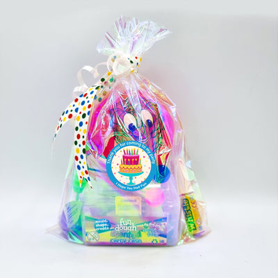 Pre Filled Fragranced Tutti Fruity Cake Birthday Party Favours Goody Bags With Toys And Sweets And Polka Dot Ribbon