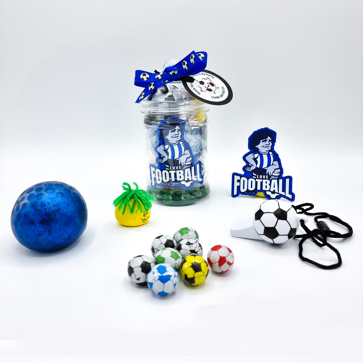 Pre Filled Football Birthday Party Favours In Vintage Style Jars With Toys, Maradona Fridge Magnets And Sweets For Boys And Girls.