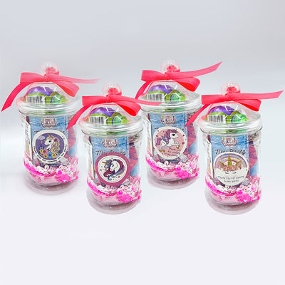 Girl's Luxury Pre Filled Birthday Unicorn Goody Bags In Vintage Jars With Toys And Sweets, Unicorn Party Favours.