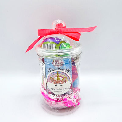 Girl's Luxury Pre Filled Unicorn Goody Bags In Vintage Jars With Toys And Sweets, Unicorn Party Favours.