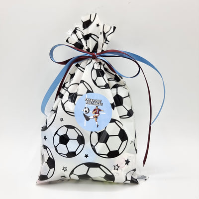 Burgundy Blue Football Party Goody Bags For Children With Toys And Candy.