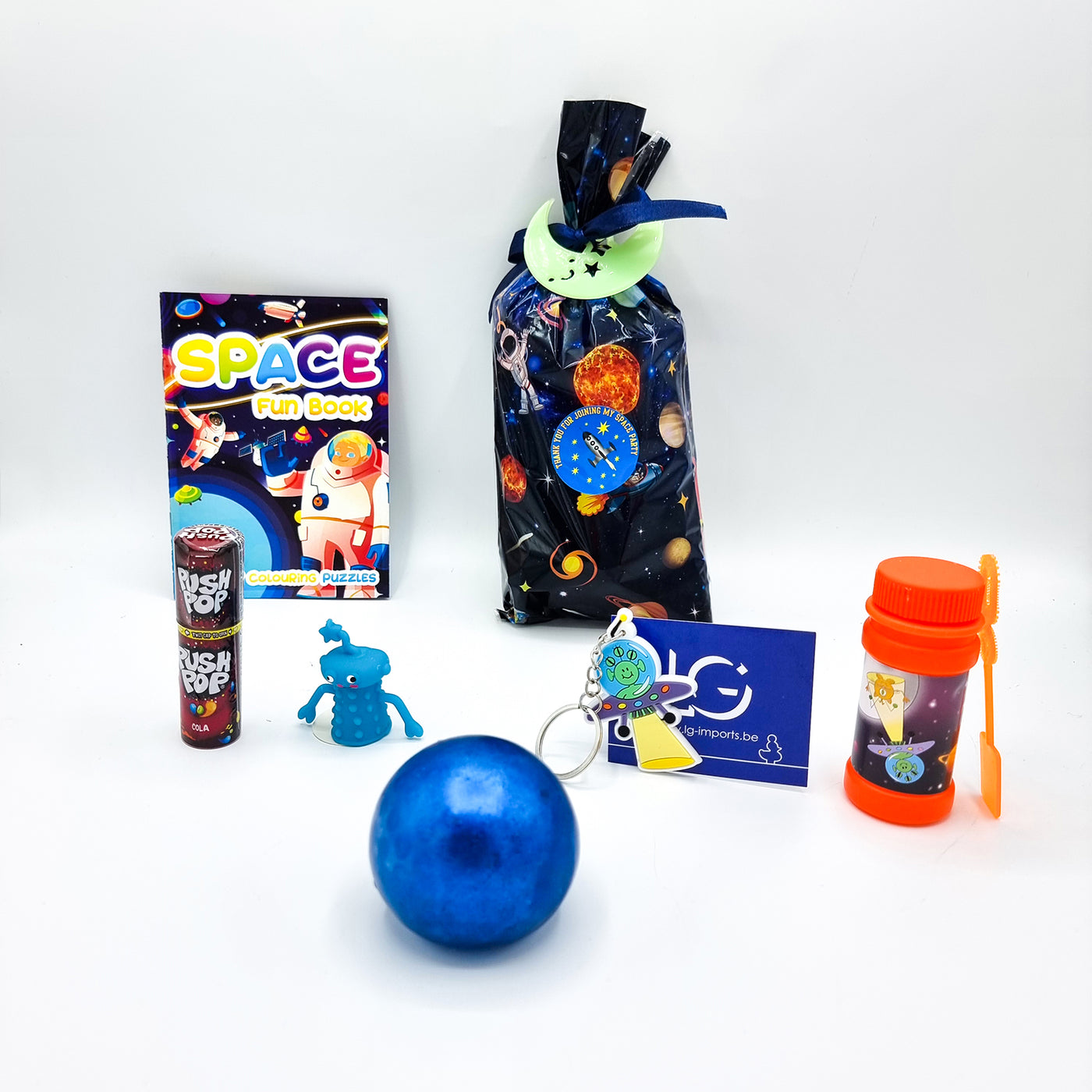 Pre Filled Space Rocket Birthday Party Goody Bags For Children  With Alien Toys And Candy.