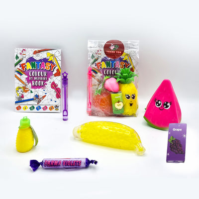 Tropical Fruit Party Favours Goody Bags For Girls With Squishy Fruit Squashy Fidget Toys And Sweets.