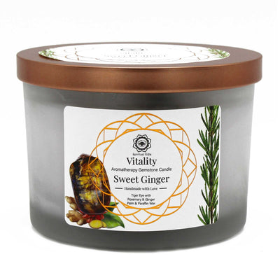 Organic Aromatherapy Tiger Eye Gemstone Rosemary And Sweet Gingers Wooden Wick Candle.