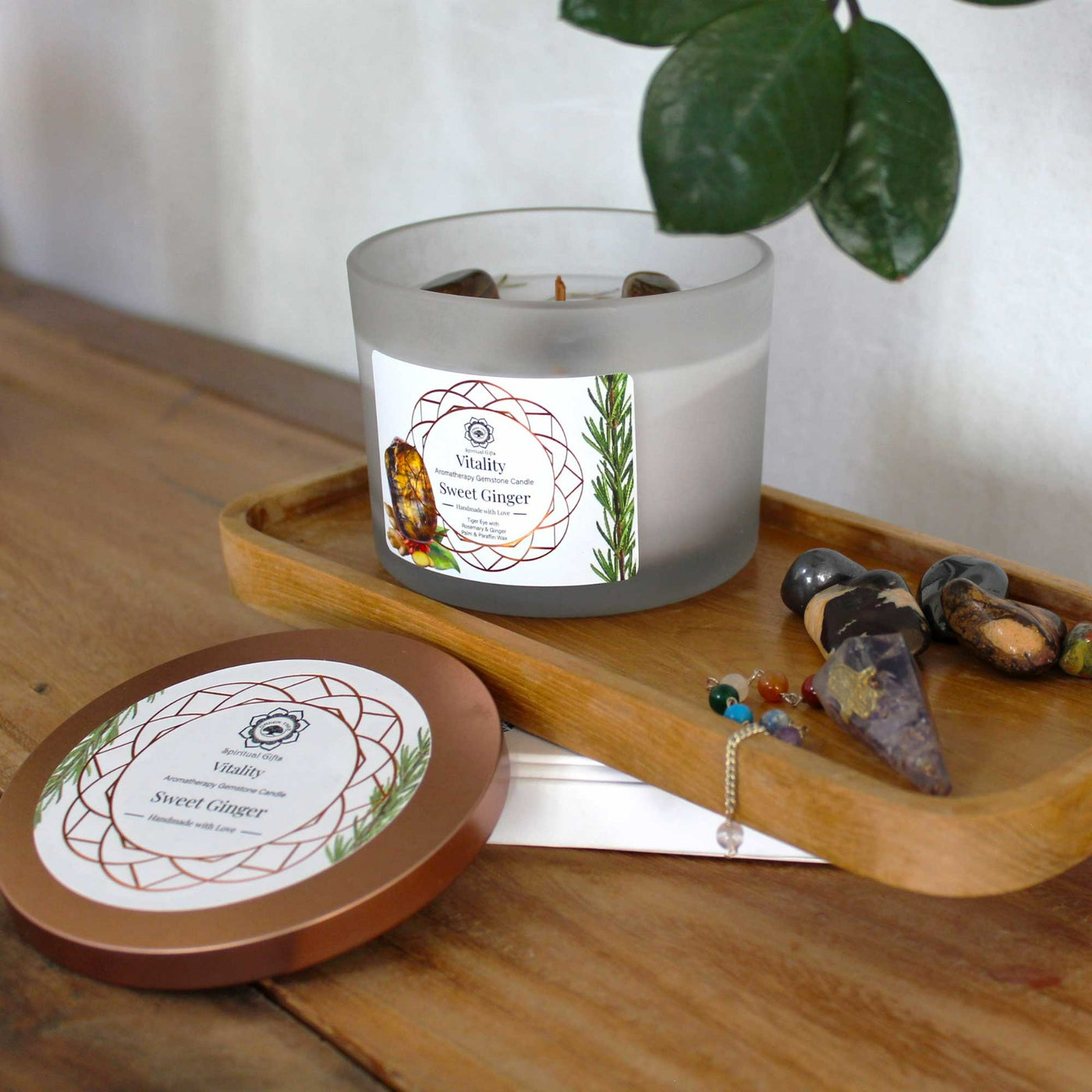 Organic Aromatherapy Tiger Eye Gemstone Rosemary And Sweet Gingers Wooden Wick Candle.