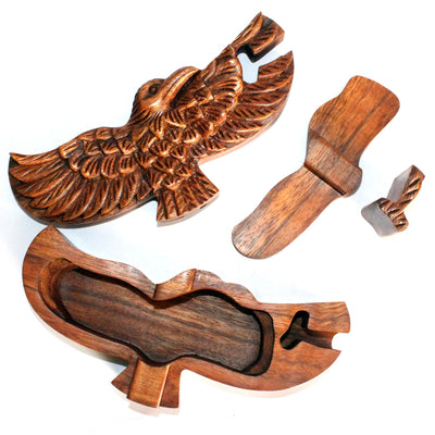 Handmade Eagle Shaped Wooden Magic Puzzle Storage Box.