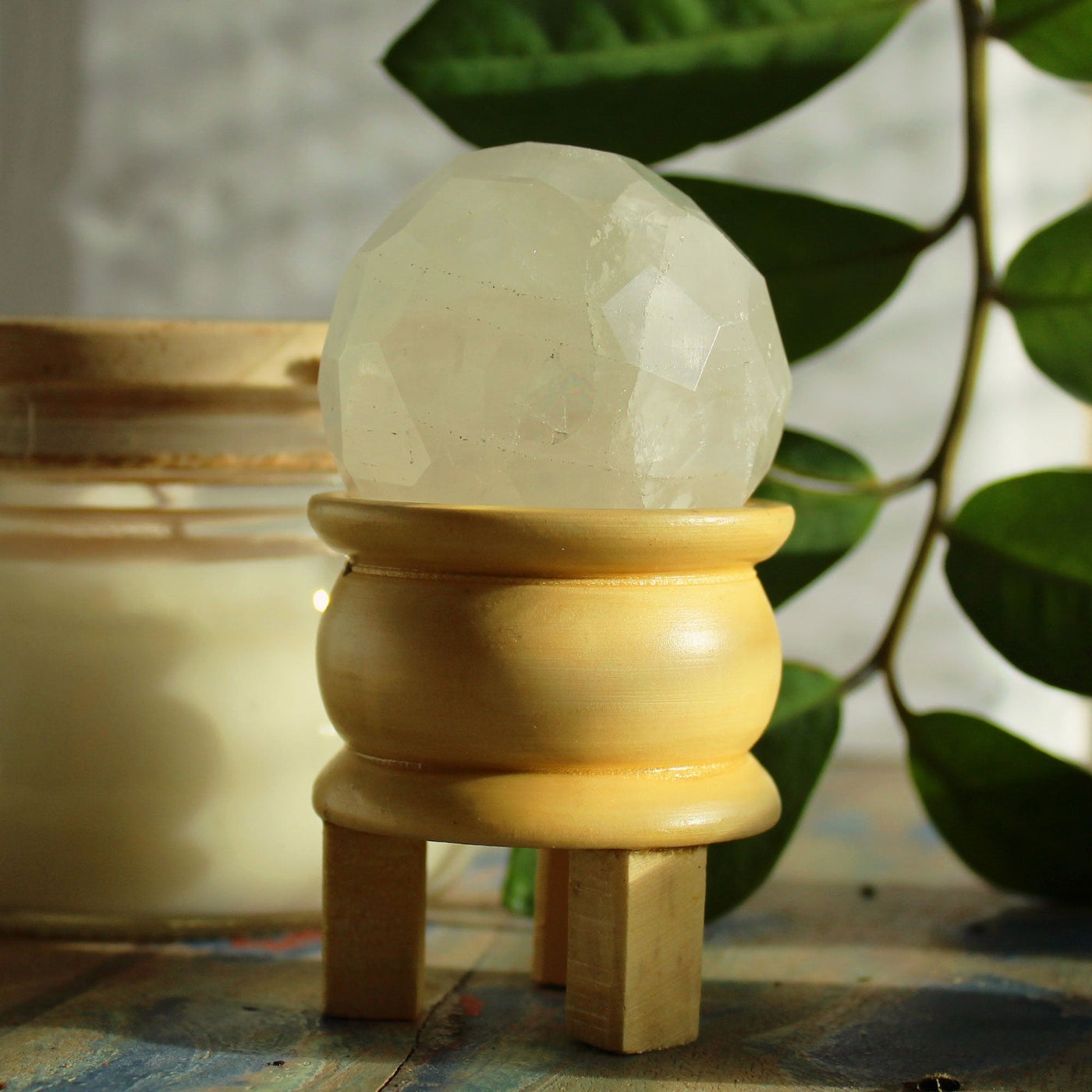 Healing Rose Quartz Gemstone Faceted Ball Ornament With Wooden Stand.