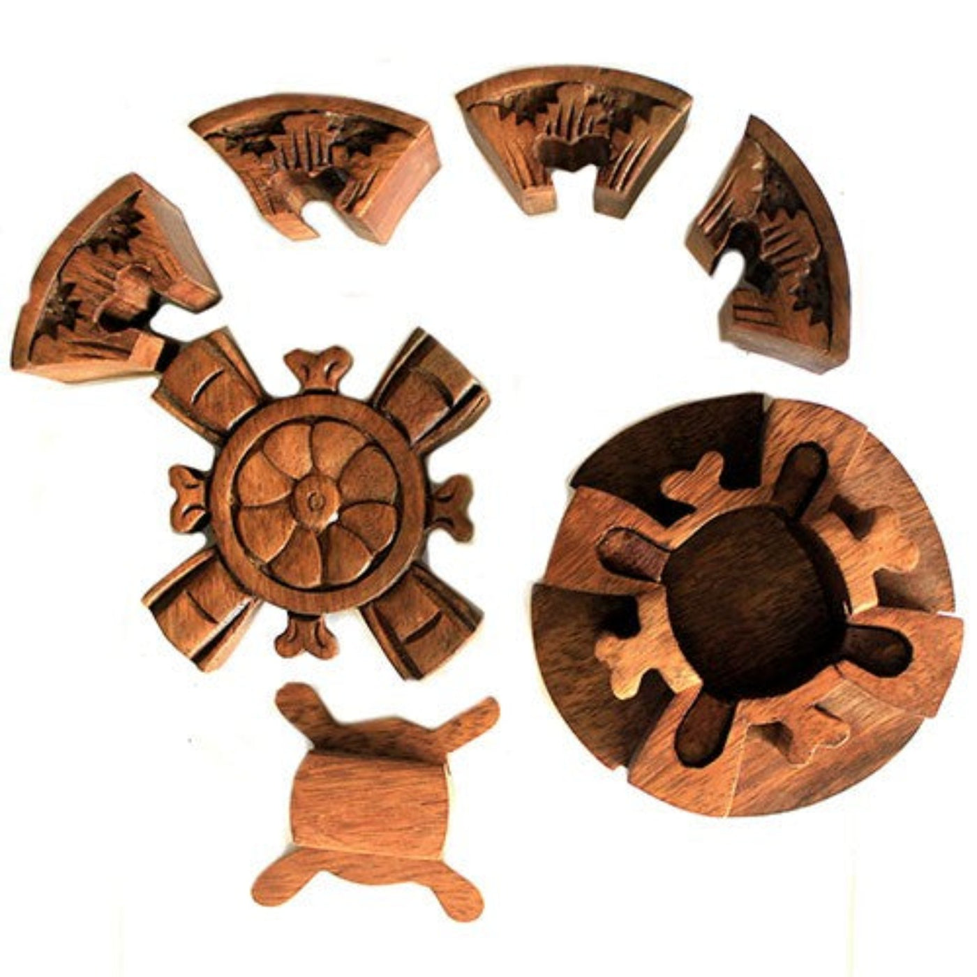 Handmade Round Petal Shaped Wooden Magic Puzzle Storage Box.