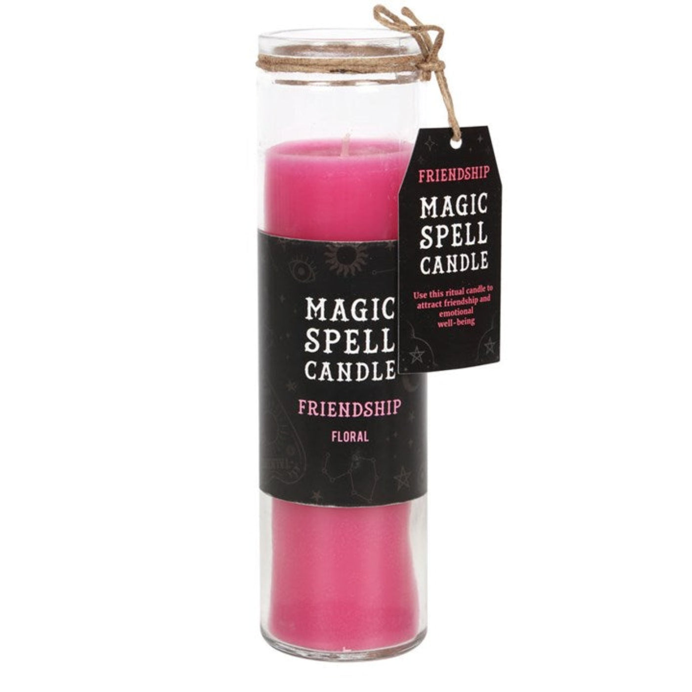 Fragranced Floral 'Friendship' Spell Glass Pink Pillar Candle.
