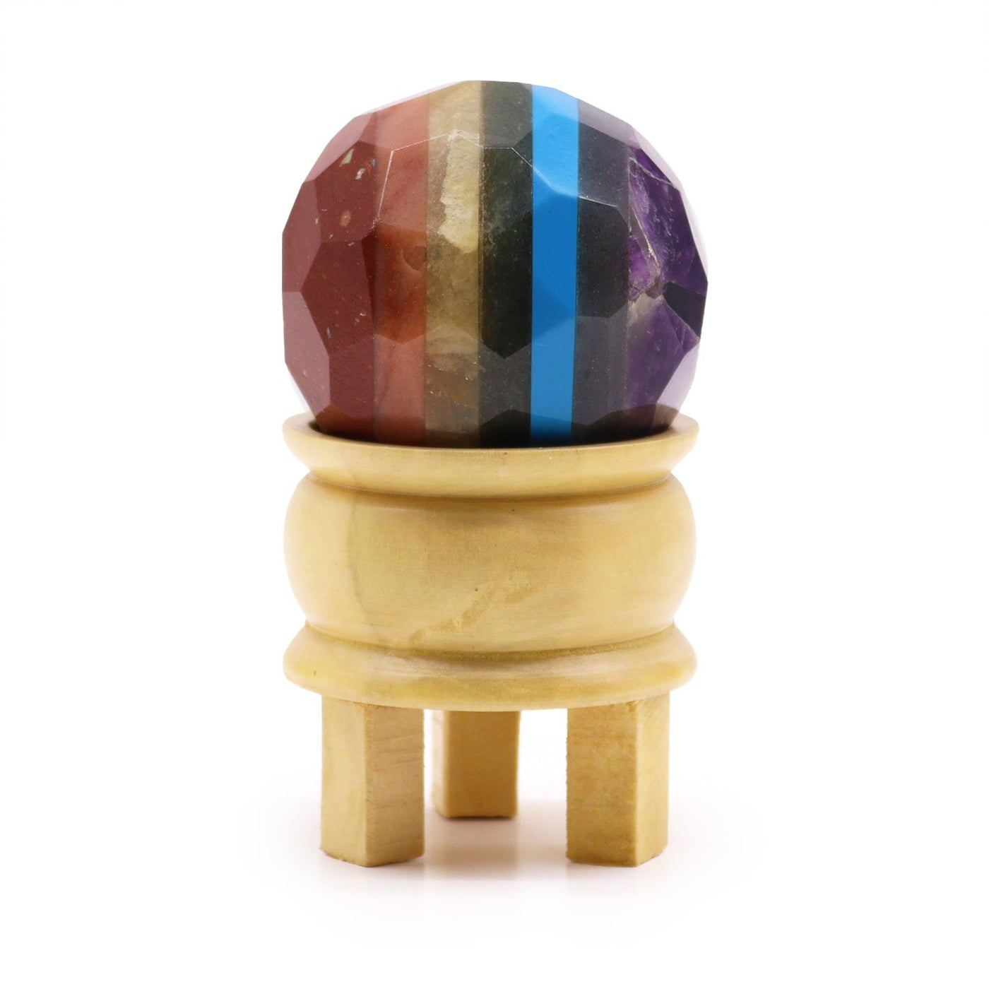 Healing Chakra Natural Gemstone Faceted Ball Ornament With Wooden Stand. 