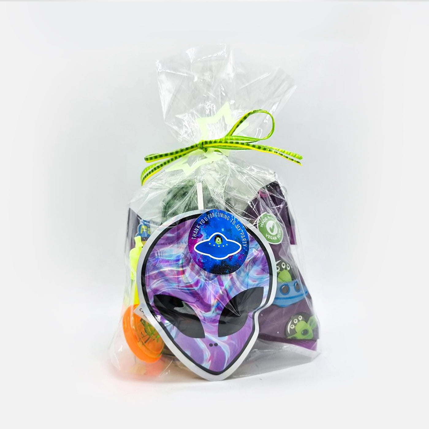 Pre Filled Space Alien Birthday Party Goody Bags With Alien Toys, And Seets For Children.