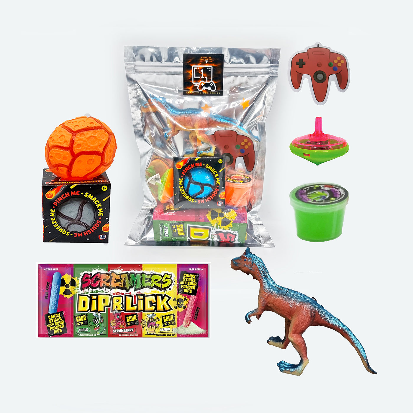 Pre Filled Floor Is Lava Dinosaur Gamer Birthday Party Goody Bags, Party Favours With Toys And Sweets.