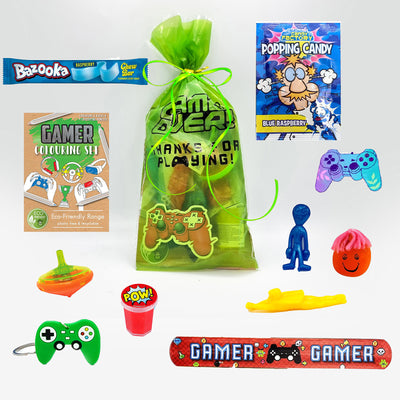 Pre Filled Green Gamer Birthday Party Goody Bags With TRoys And Sweets. Party Favours For Boys And Girls.