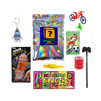 Pre Filled Mystery Birthday Party Bag For Older Boys With Sport Toys And Vegan Sweets. 