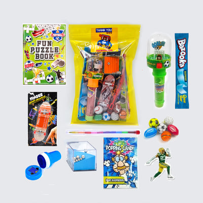 Pre Filled Sport Skateboarding Football, Rugby, Birthday Party Bags For Boys, Party Favours With Toys And Sweets.