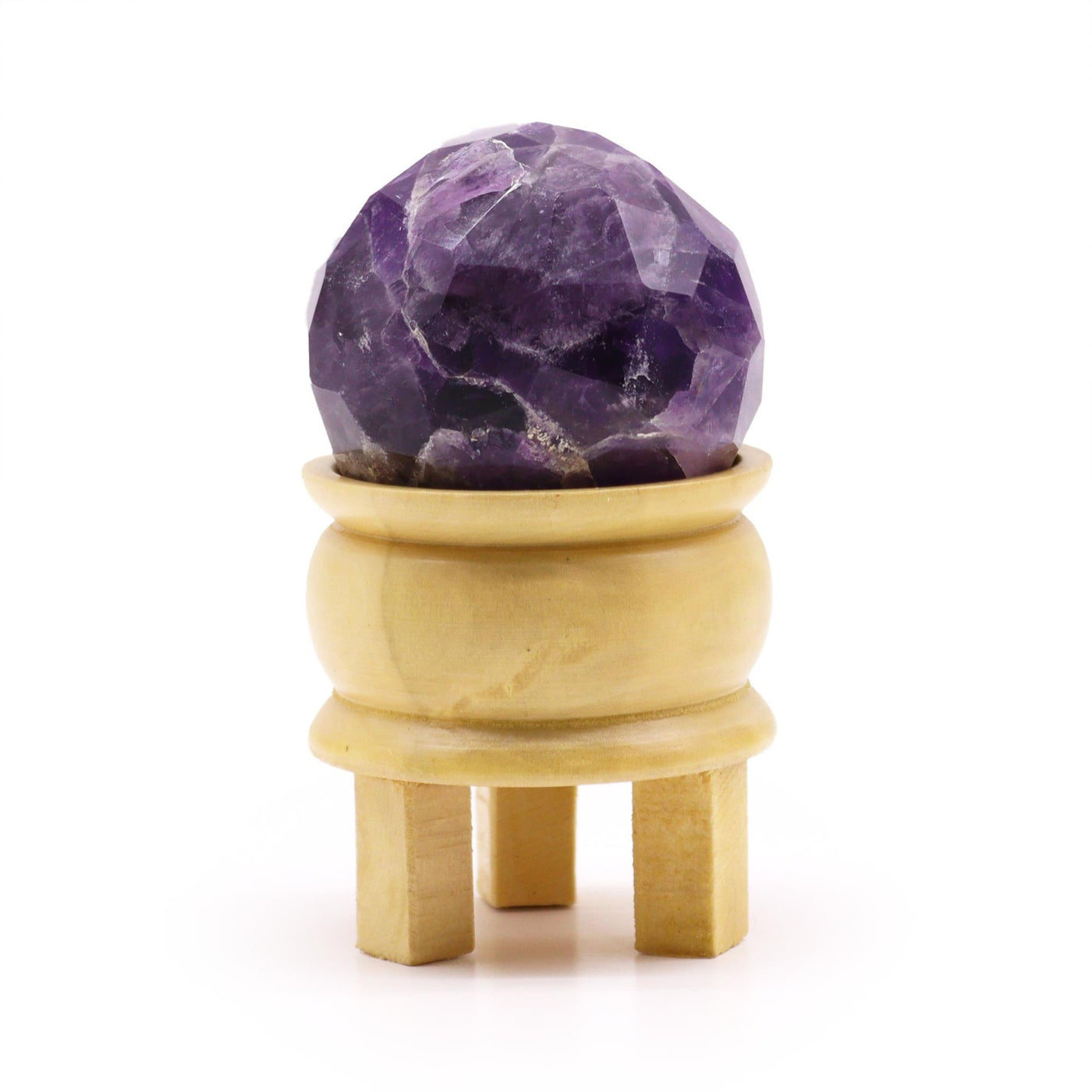 Healing Amethyst Gemstone Faceted Ball Ornament With Wooden Stand.