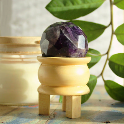 Healing Amethyst Gemstone Faceted Ball Ornament With Wooden Stand.