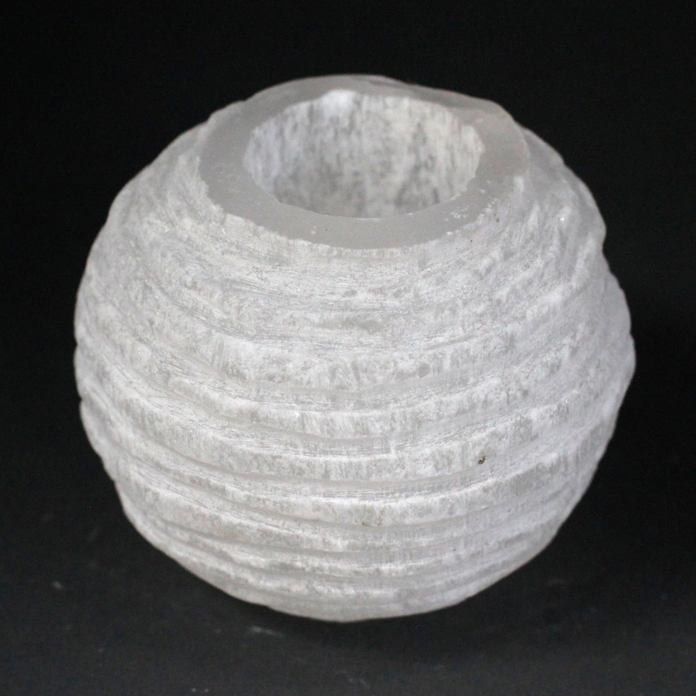 White Round Ribbed Selenite Stone Candle Tealight Holder.