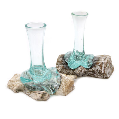 Small Molten Glass On Gamal Whitewash Wood Handmade Vase.