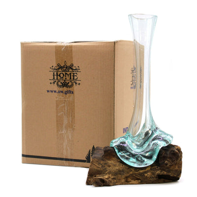 Natural Handmade Melted Glass On Wood Vase.