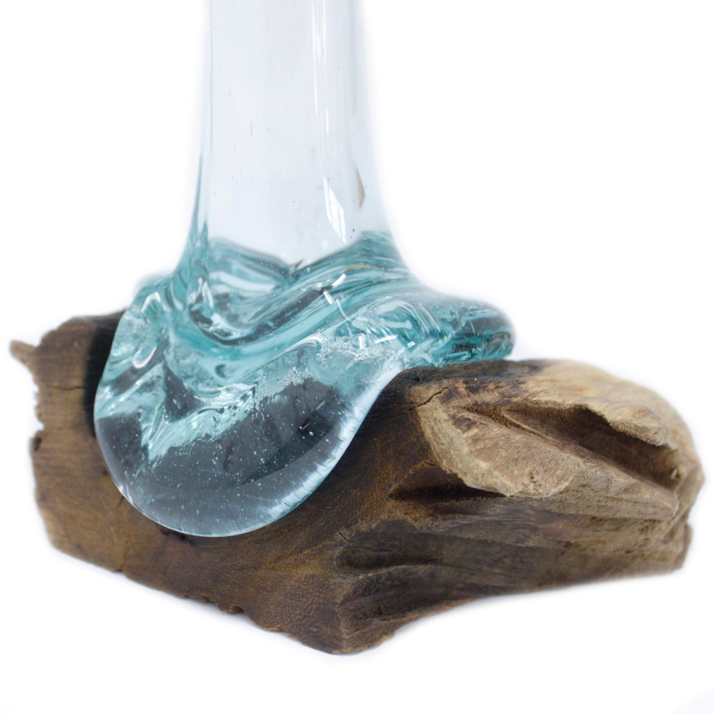 Natural Handmade Melted Glass On Wood Vase.
