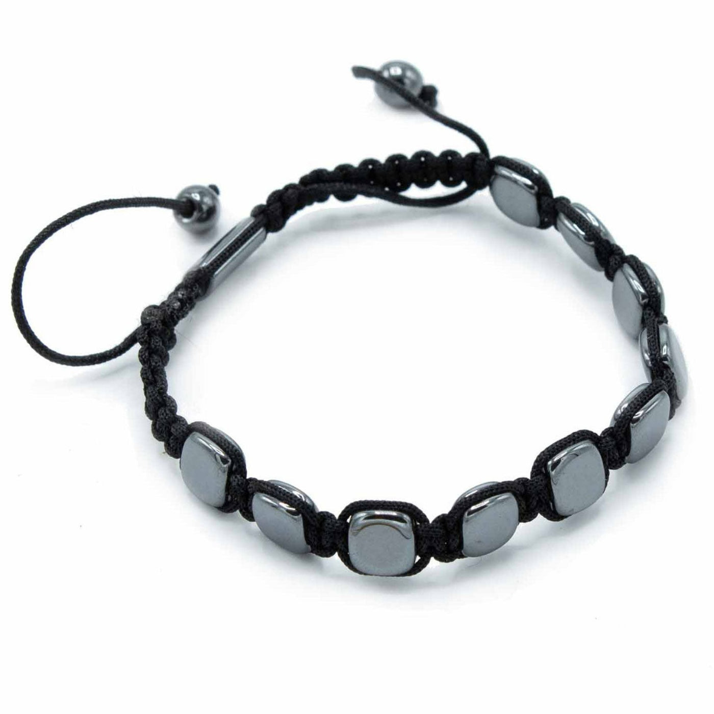 Unisex Hematite Rounded Squares Beads Bracelet With Macrame Knot.