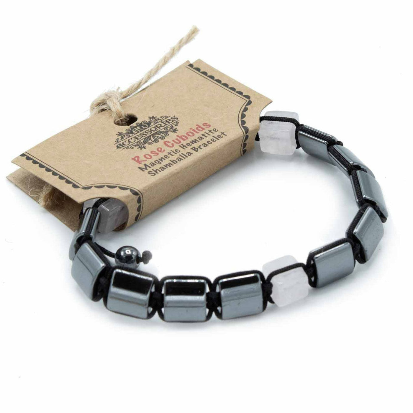 Unisex Hematite Squares And Rose Cube Beads Bracelet With Macrame Knot.