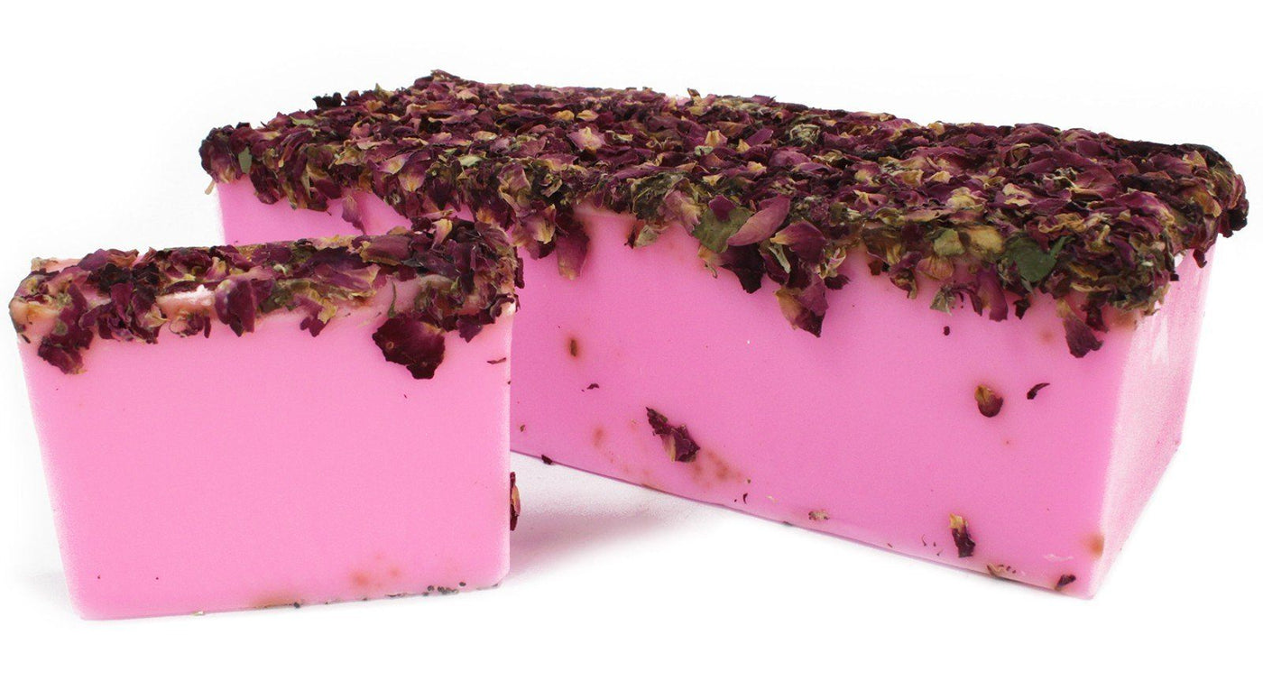 Rose & Rose Petals soap loaf and Slices made with the distinctive fragrance of roses and topped with a layer of rose petals, this soap looks and smells gorgeous.