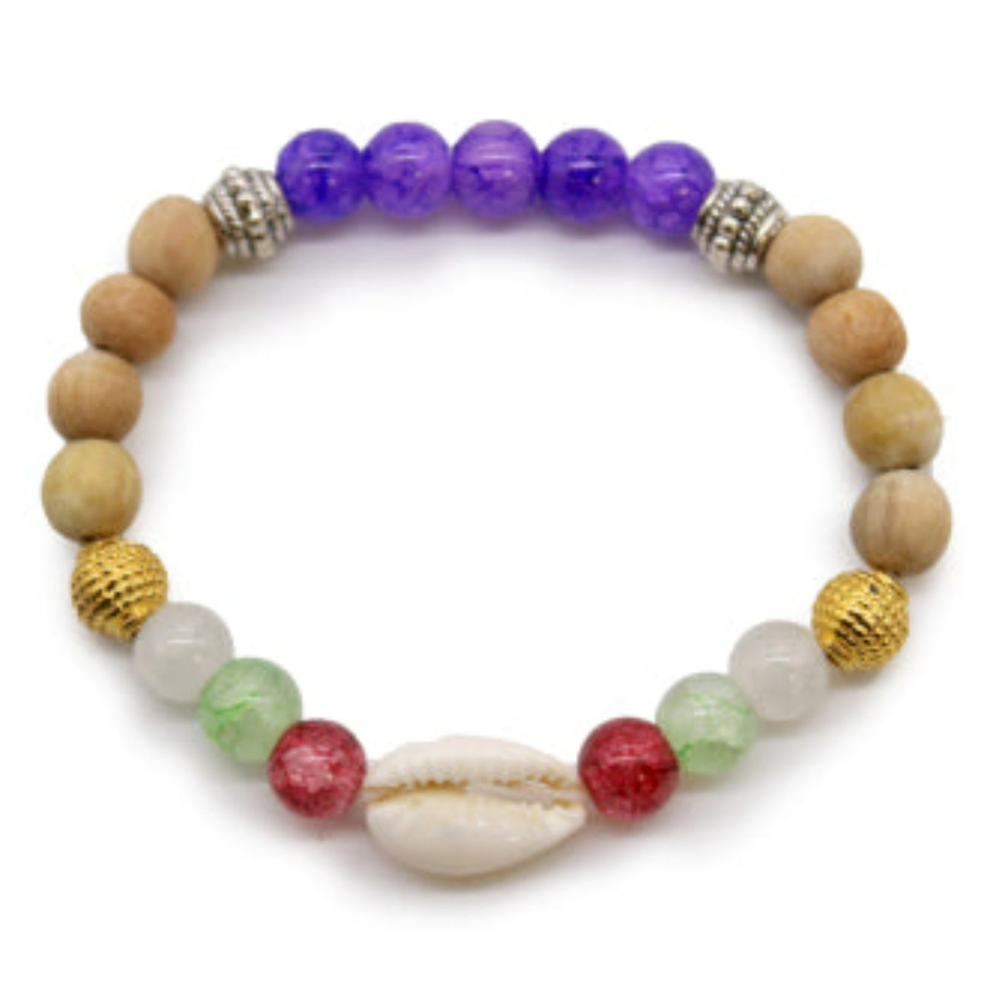 Beauty And Wisdom Bracelet With Stone Glass Wooden Beads & Seashell