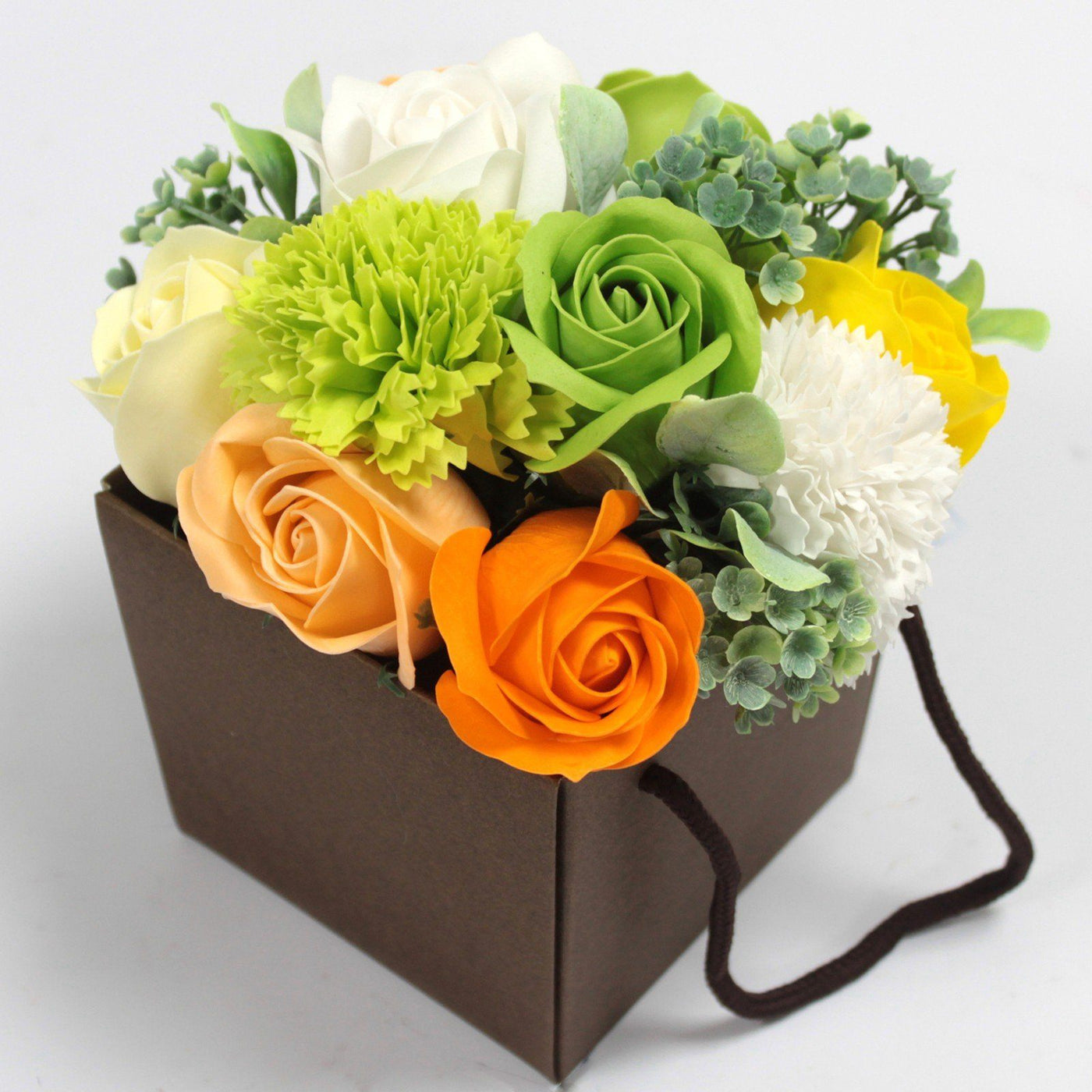 Body Soap Flower Bouquet In Gift Box - Spring Flowers, Orange, Green, Yellow, White